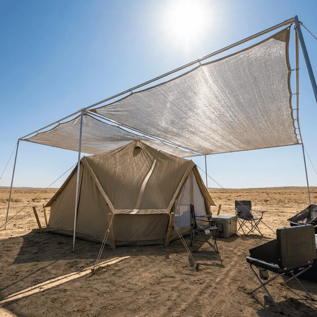 A bright, sunny campsite on a hot summer day with a silver reflective aluminet shade cloth stretched above a camping tent using tarp poles, with a visible gap between the cloth and the tent roof. Dappled, diffused light filters through the metallic fabric. The background shows an open field or desert landscape with no trees. The scene feels practical and cool despite the blazing sun overhead. Photorealistic style, warm lighting, outdoor adventure photography aesthetic.