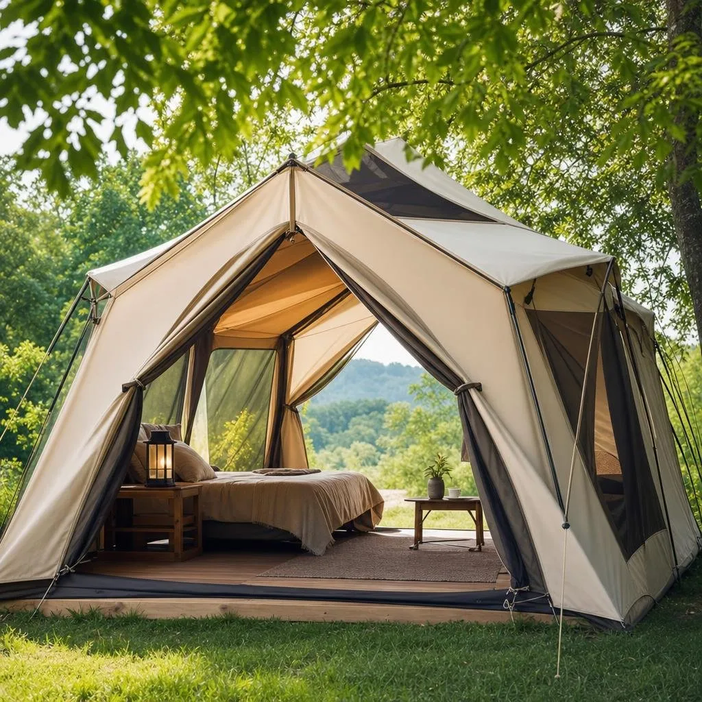 A summer glamping tent with open roof vents, mesh windows, and both doors open, set in a green outdoor area with trees and grass.