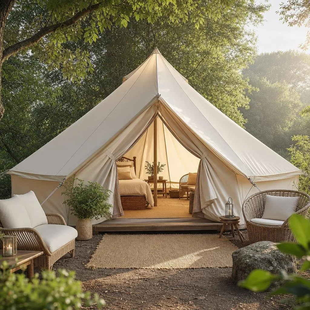 A large glamping tent with its entrance facing east surrounded by green trees and soft morning sunlight.