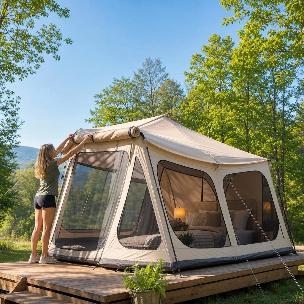 A person rolling back the rainfly of a large tent at a green campsite under clear sunny weather.
