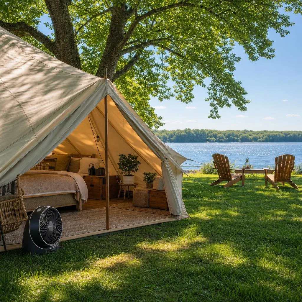 A canvas glamping tent set up near a calm lake with trees and grass around it on a sunny day.