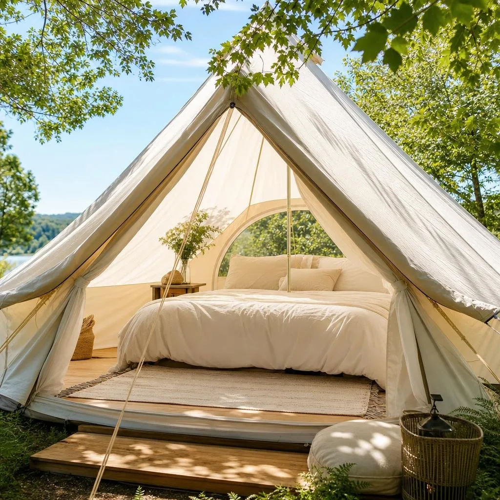 A cozy tent with a bed made of light-colored cotton sheets inside set up outdoors on a sunny summer day.