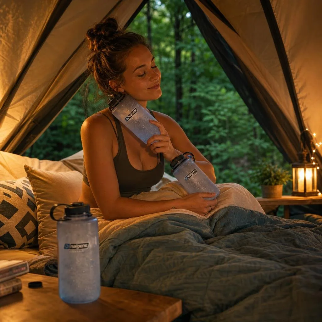 Person placing frozen water bottles at pulse points inside a summer glamping tent at dusk.