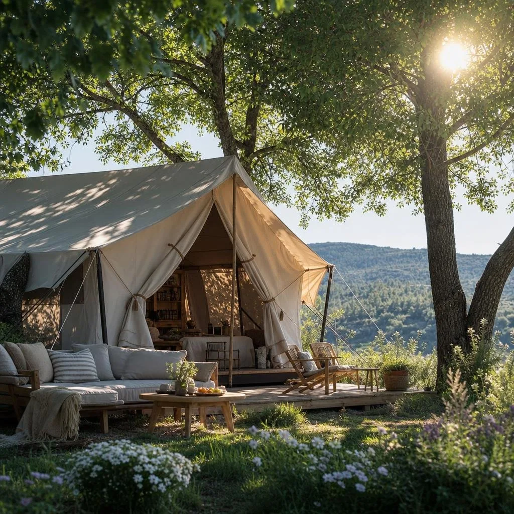 A spacious canvas tent at a glamping site surrounded by trees casting shade in early morning light.
