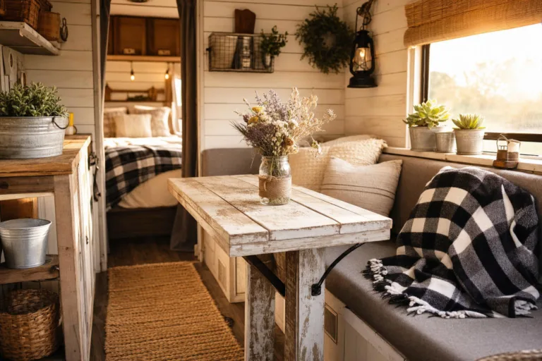 a warm, inviting farmhouse camper interior with shiplap walls, a buffalo check throw, mason jar wildflowers, a woven jute rug, galvanized metal accents, and golden-hour lighting — perfect for that rustic-budget aesthetic.