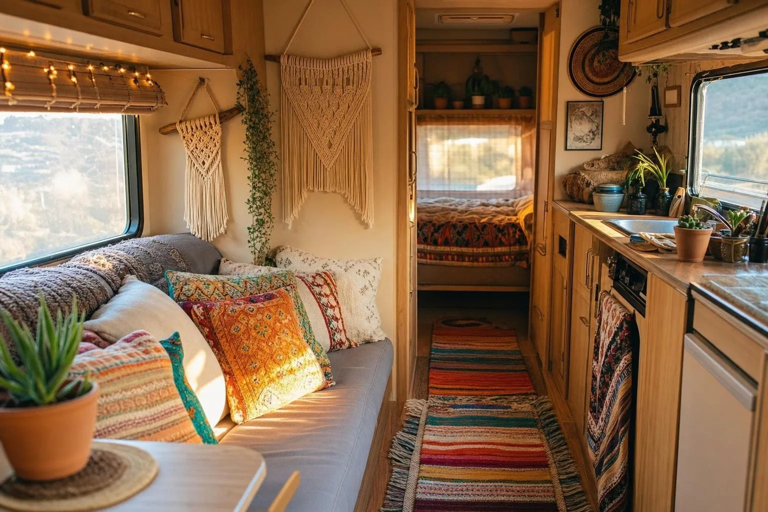 A cozy RV interior decorated in vibrant bohemian style, featuring colorful patterned throw pillows, macramé wall hangings, warm string lights, a small potted succulent collection, and a rainbow-striped rug on the floor. Natural wood accents, golden hour sunlight streaming through the window. Warm and inviting atmosphere.