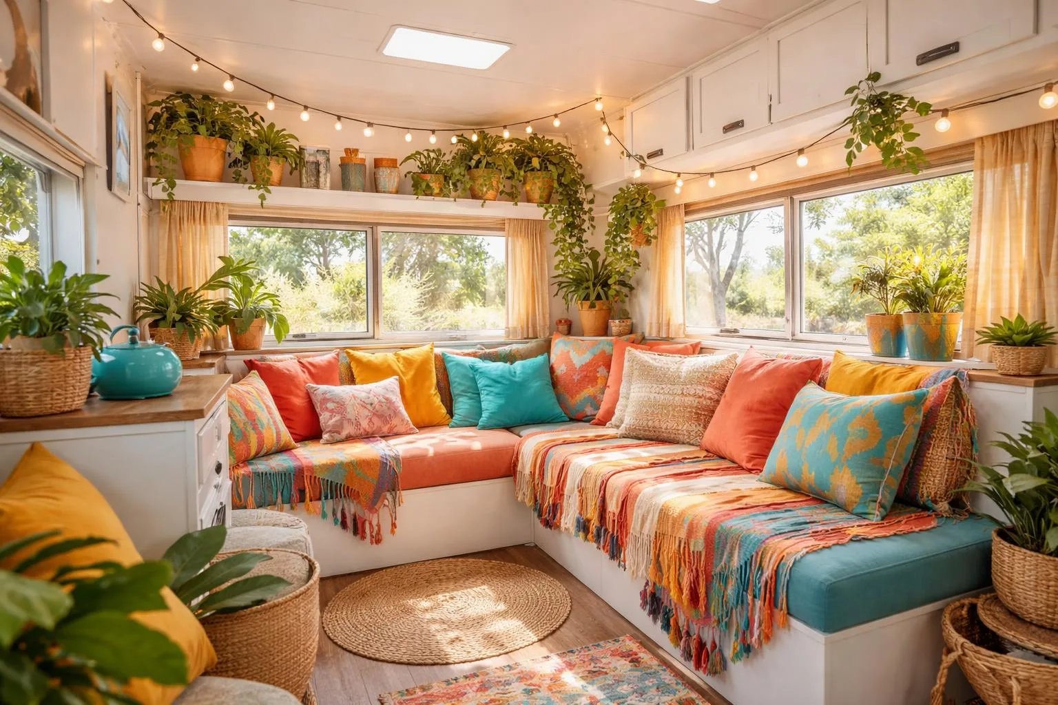 Interior of a camper decorated with colorful cushions, plants, string lights, and decorative items, creating a cozy and cheerful atmosphere.