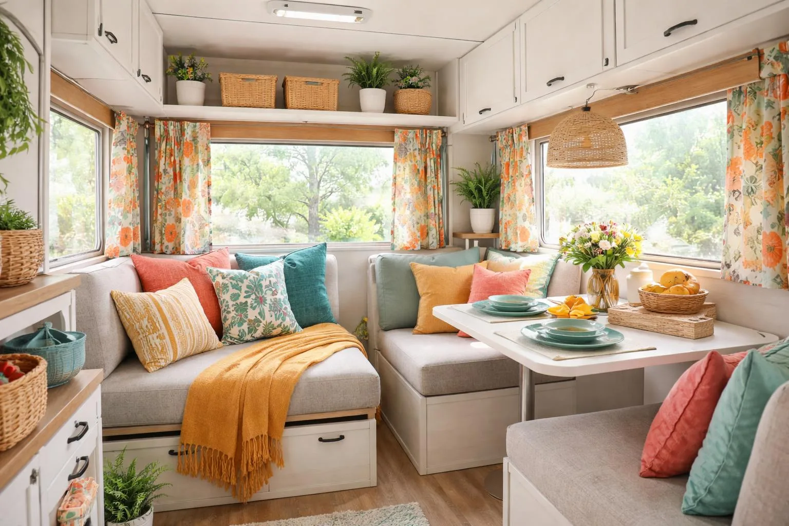 Interior of a camper decorated with colorful cushions, curtains, plants, and wooden accents, illuminated by natural light.