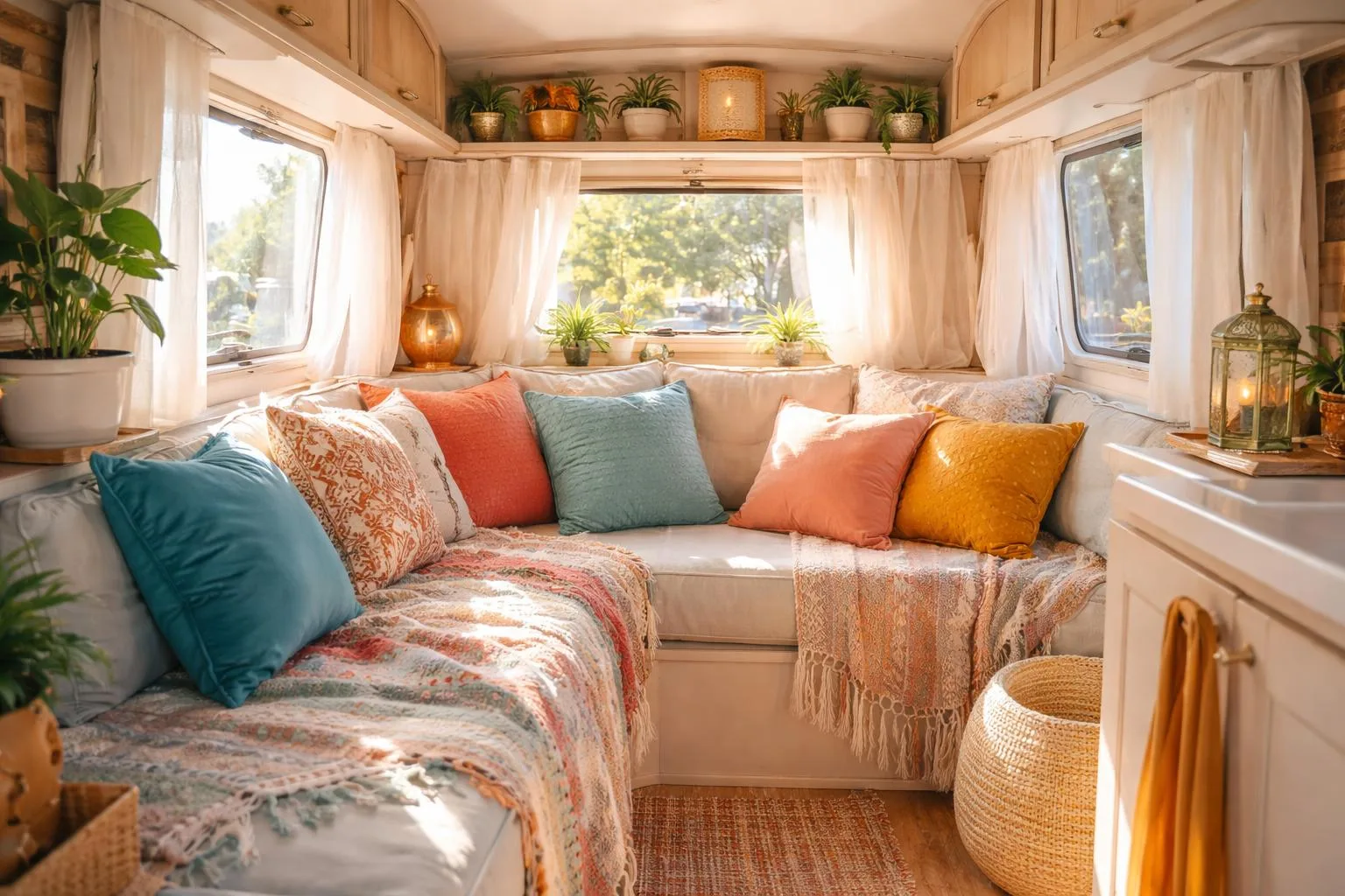 Interior of a camper van with colorful cushions, soft blankets, plants, and warm natural light creating a cozy atmosphere.