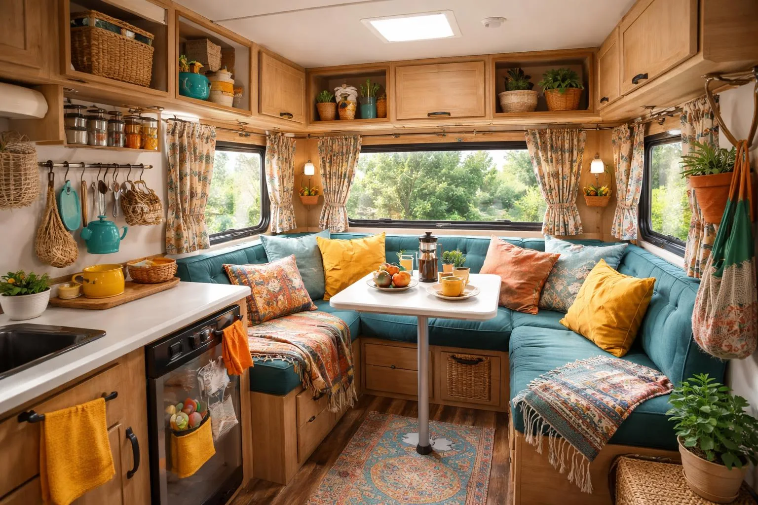Interior of a camper decorated with colorful cushions and blankets, showing organized storage compartments and a small dining area.