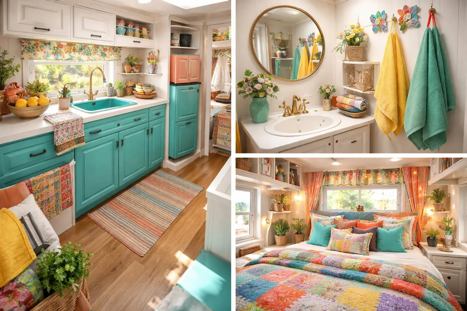 Interior of a camper with colorful decorations in the kitchen, bathroom, and sleeping areas, featuring bright textiles, plants, and cozy bedding.