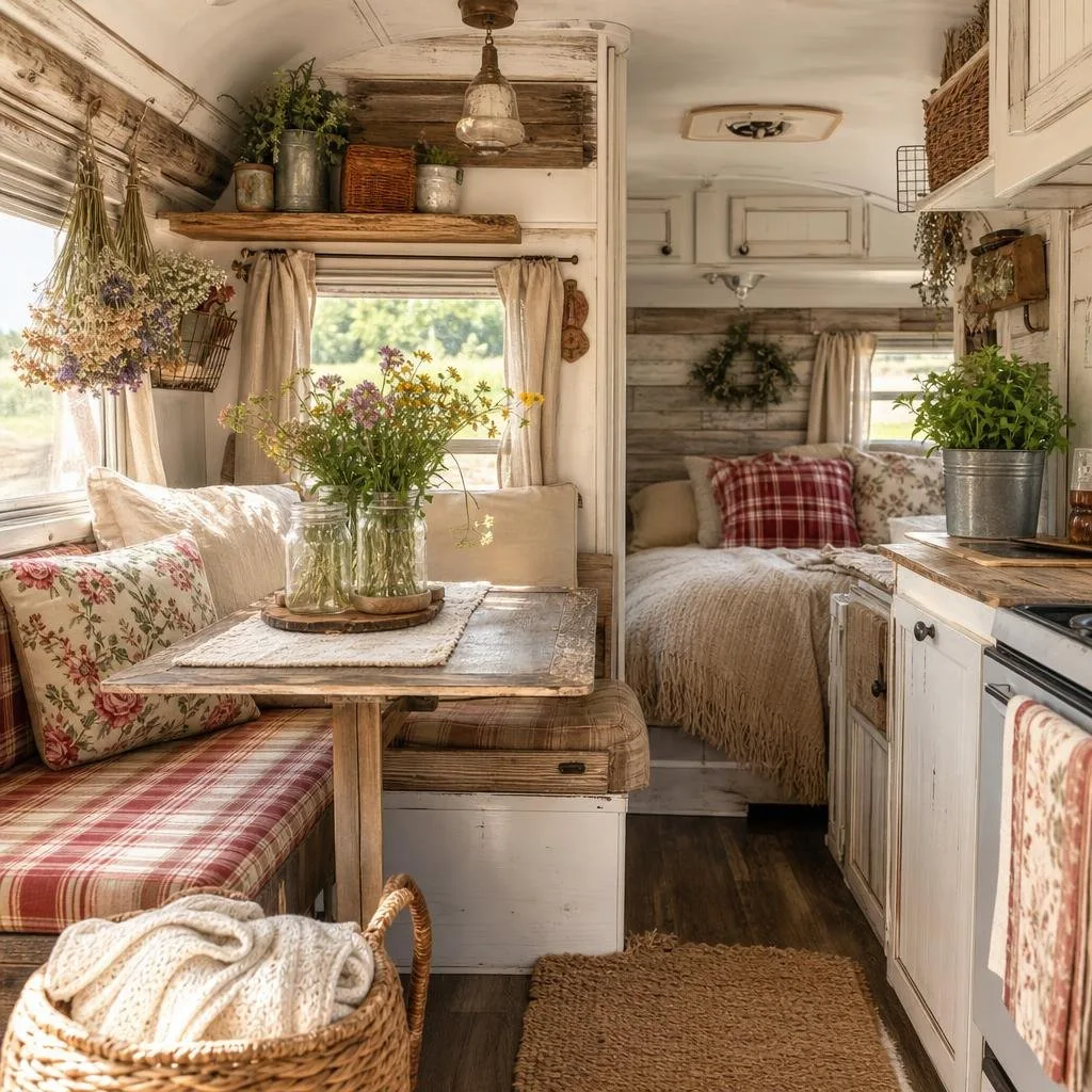 Interior of a small camper decorated with wooden accents, cushions, flowers, baskets, and plants, creating a warm and cozy atmosphere.