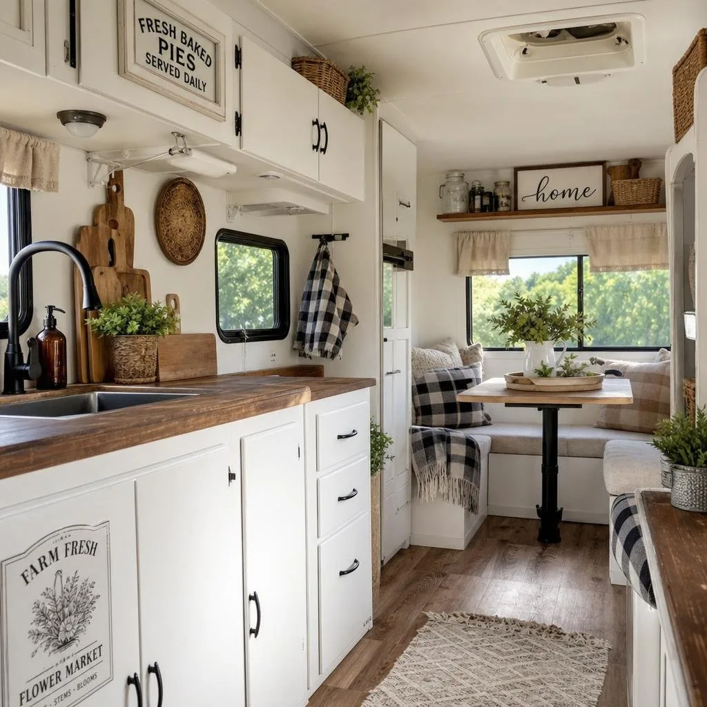 Interior of a camper with white painted cabinets and rustic farmhouse decor including wooden shelves, baskets, and plants.
