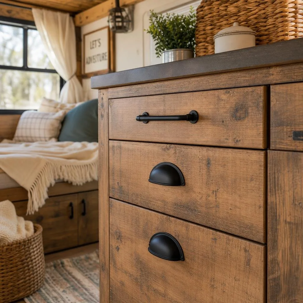 Close-up of matte black drawer pulls and cup handles on wooden drawers inside a camper with rustic decor elements in the background.