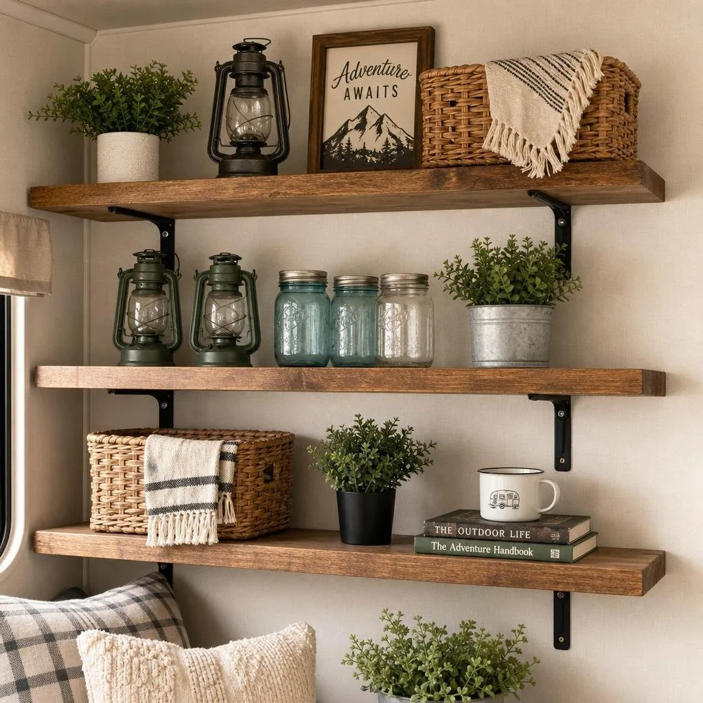 Open pine wood shelves with black metal brackets holding rustic decor items like plants, lanterns, and baskets against a neutral wall.