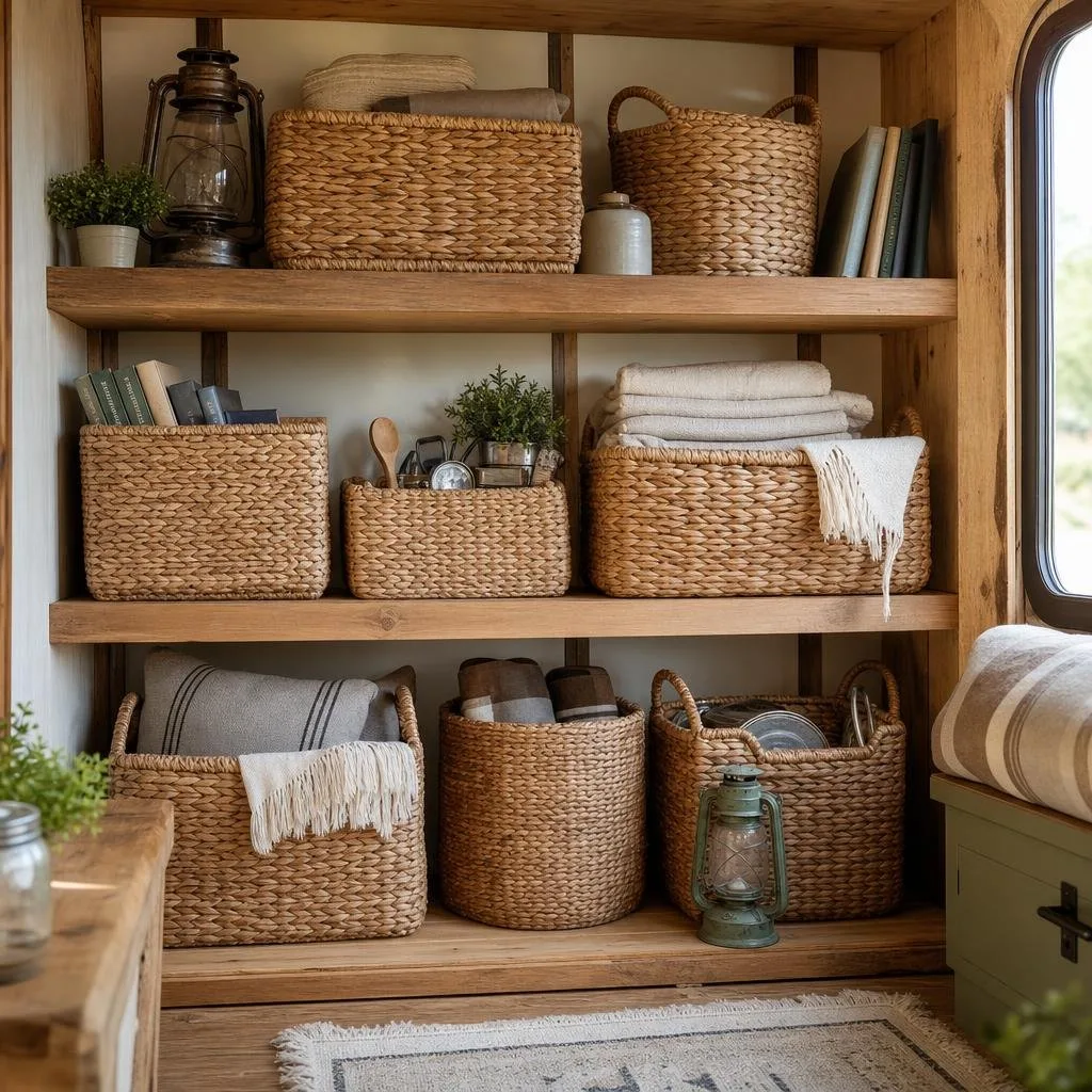 Open wooden shelves holding woven storage baskets filled with blankets and household items, surrounded by small plants and rustic decor.