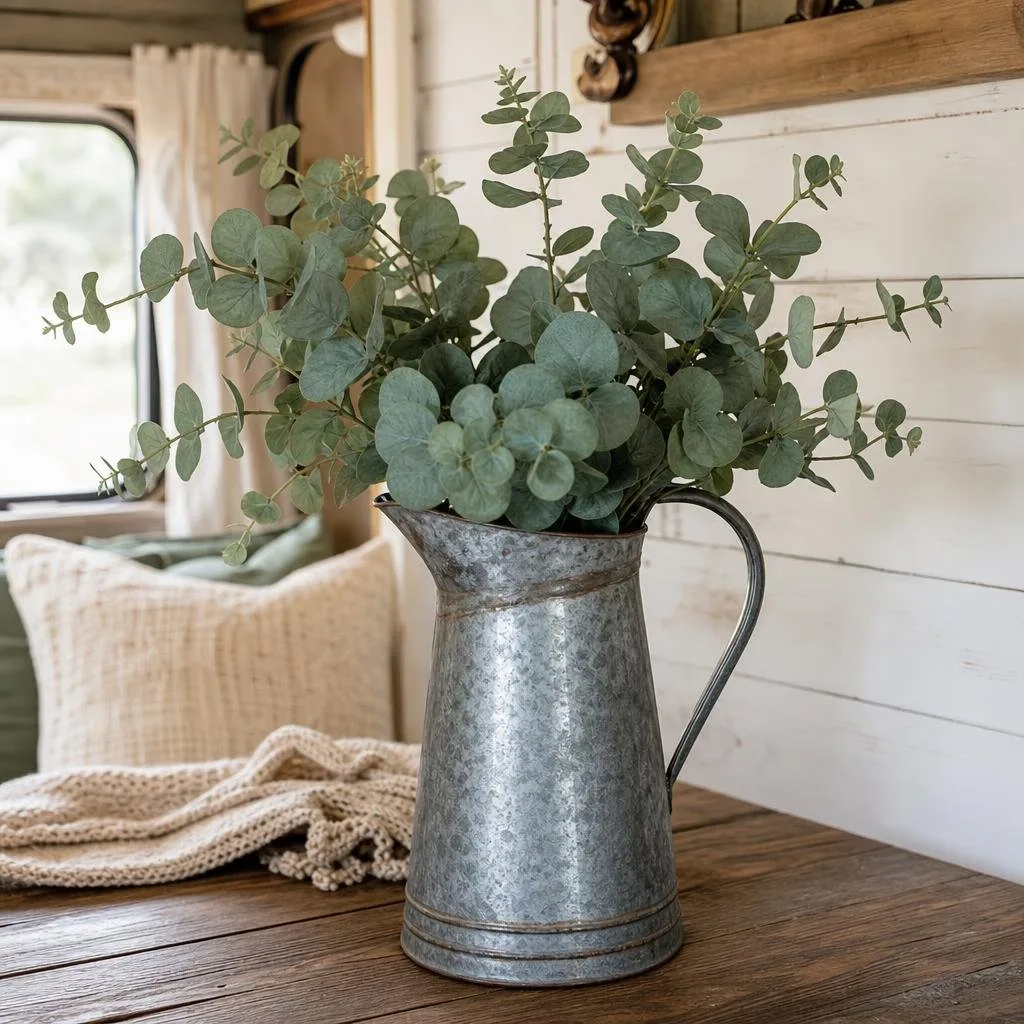 A galvanized metal pitcher holding faux eucalyptus stems on a wooden surface in a cozy rustic setting.