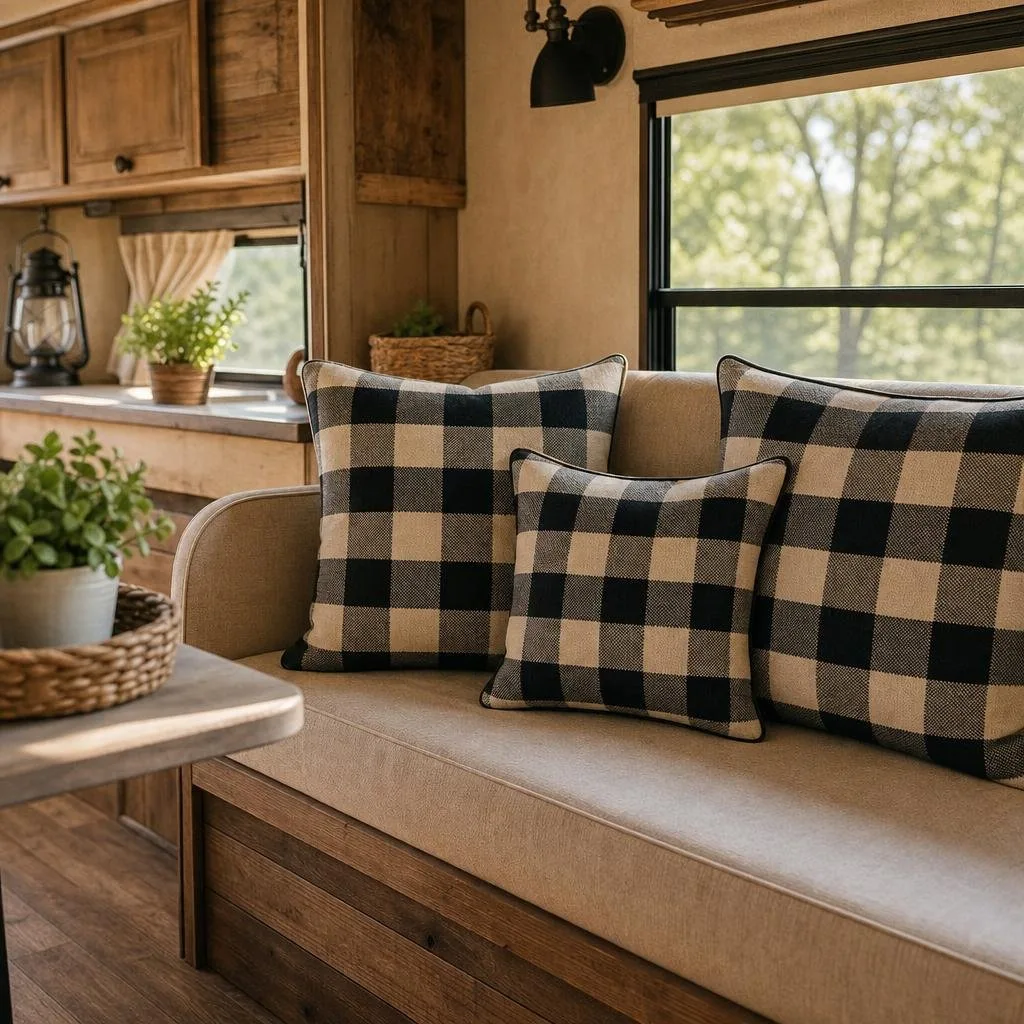 A camper seating area with black-and-cream buffalo check throw pillows on a bench surrounded by rustic decor and natural light.