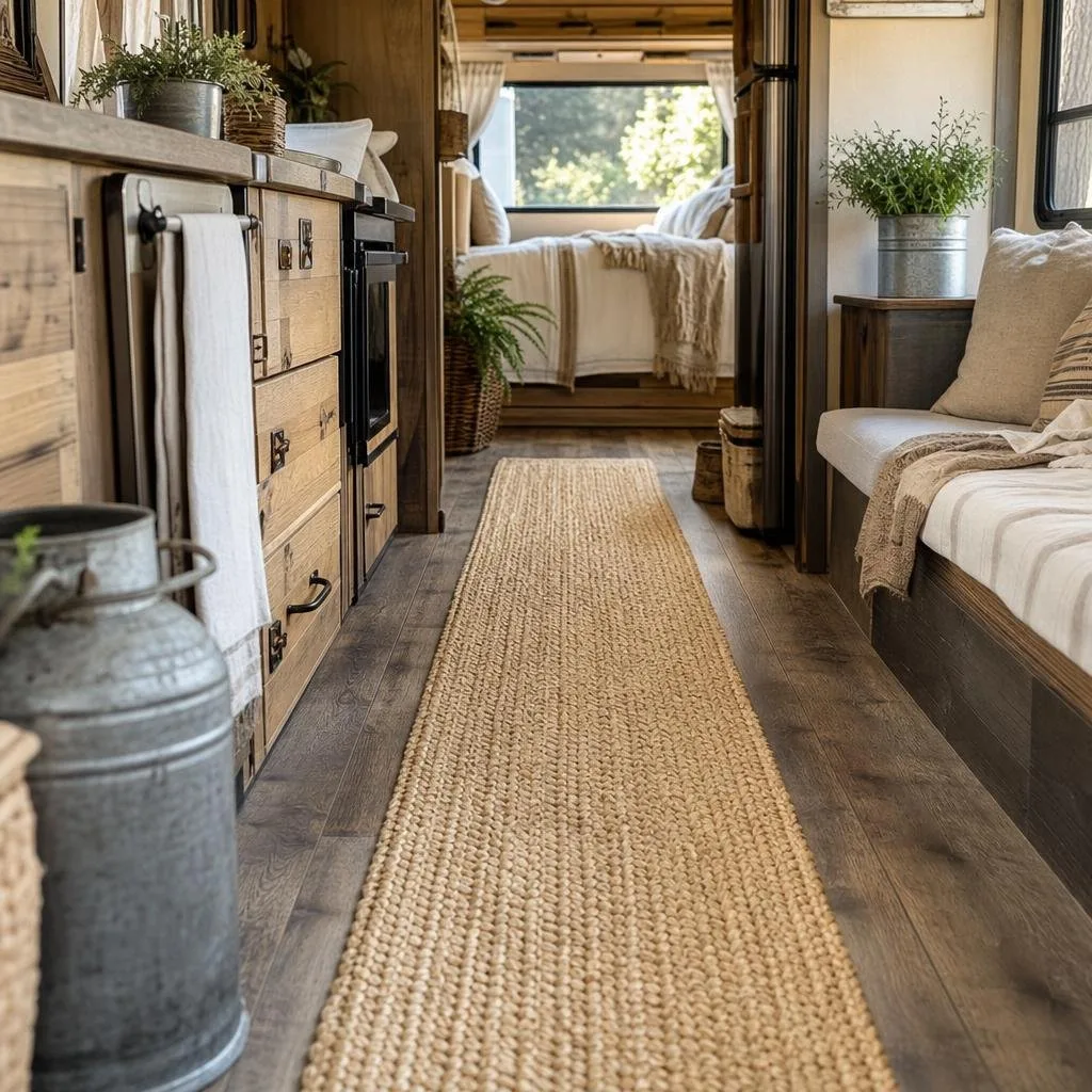 Narrow RV floor with a braided jute runner surrounded by rustic wooden cabinetry and potted plants.