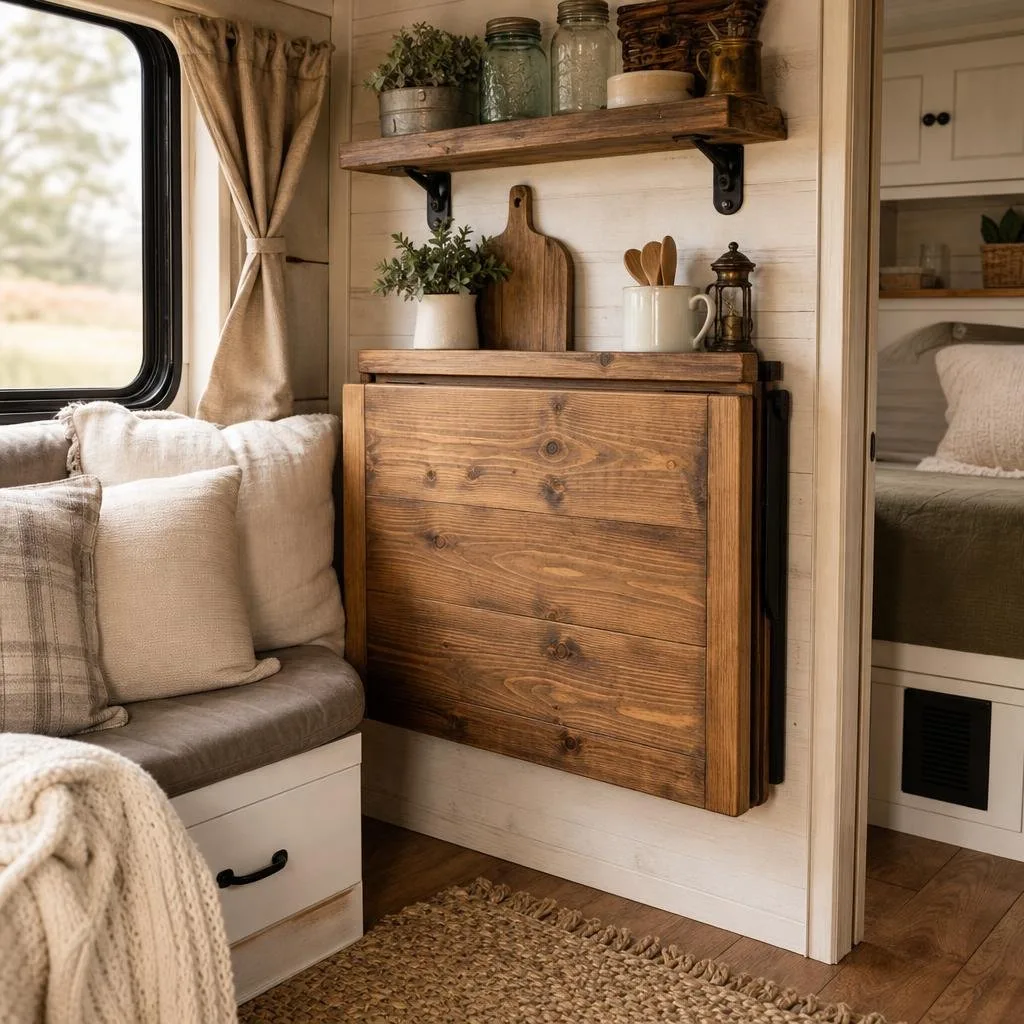 Fold-down wooden dining table inside a camper with cozy seating and decorative items nearby.
