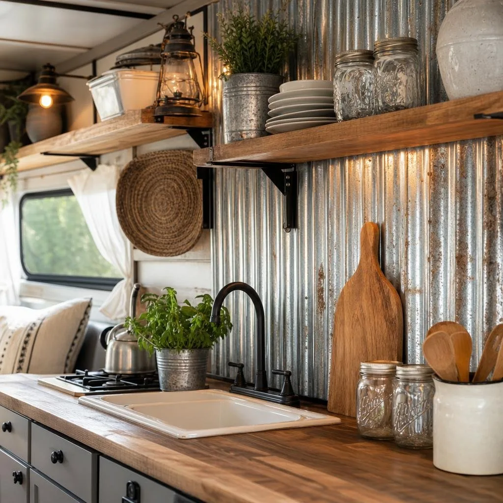 Interior view of a kitchen area with corrugated metal backsplash panels, wooden shelves holding kitchen items, and potted plants.
