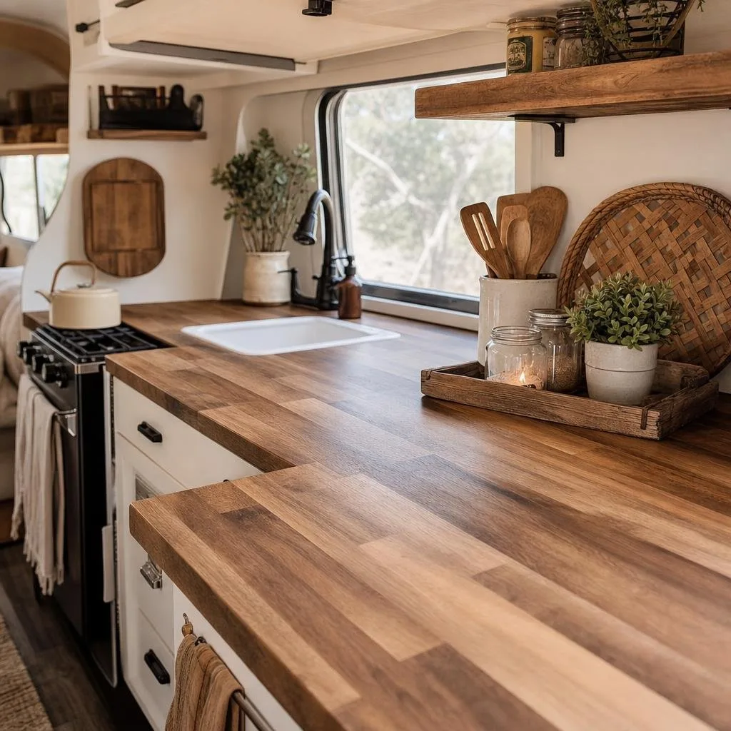 A camper kitchen with tabletops and counters covered in butcher block contact paper, decorated with plants and kitchen items.