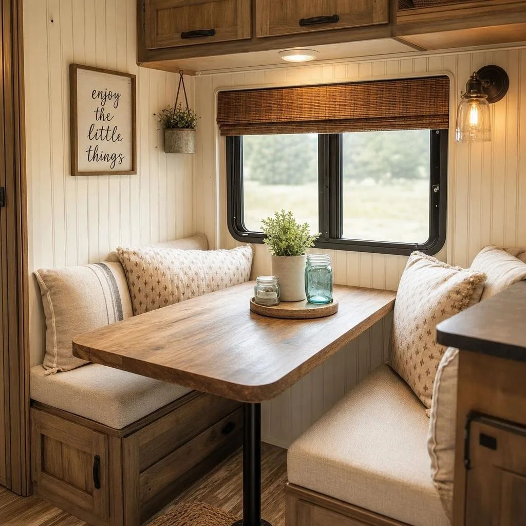 A cozy small dining or sleeping nook with beadboard wallpaper, wooden table, bench seating, and simple decor items.
