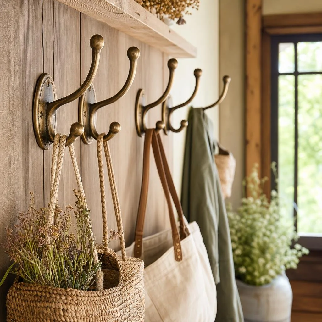 Antique brass wall hooks mounted on a wooden entryway wall holding baskets and a jacket in a cozy entryway.