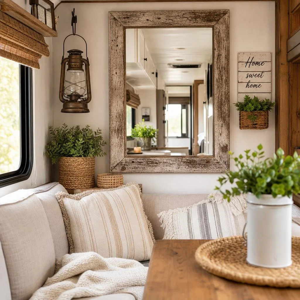 A small living space with a distressed wood framed mirror on the wall reflecting light, surrounded by rustic decor and natural elements.