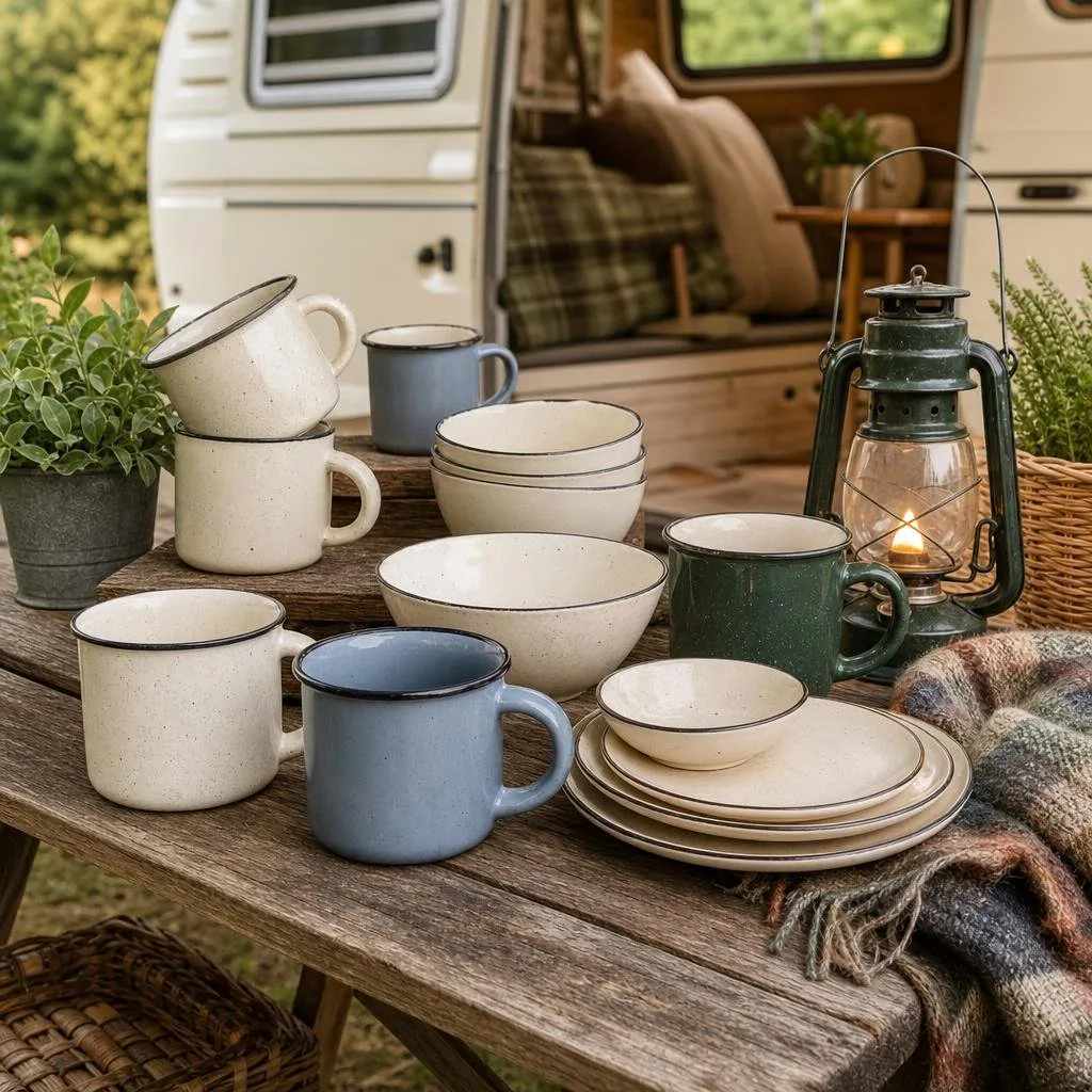 A wooden picnic table displaying enamel mugs and cream stoneware dishes outdoors with camper decor items like a lantern and a blanket nearby.