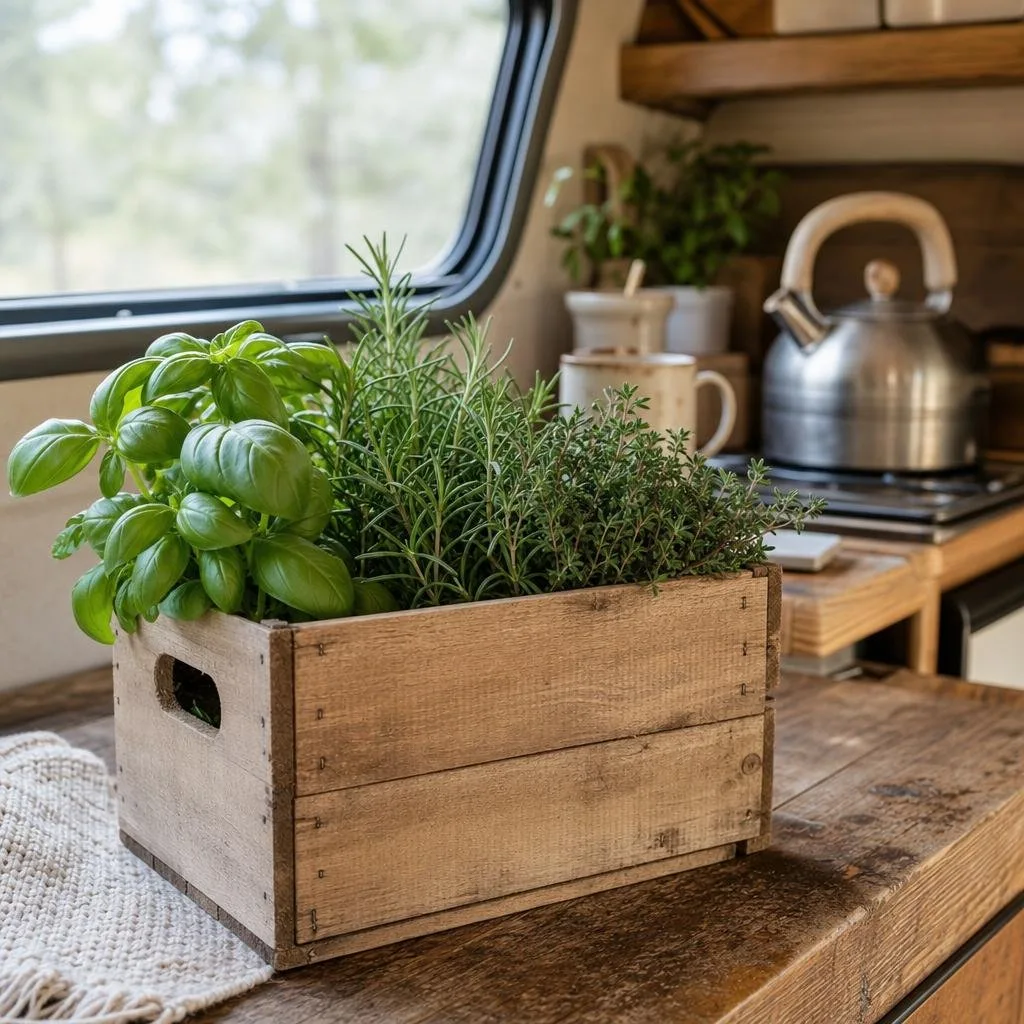 A small wooden crate filled with fresh herbs on a wooden surface inside a camper kitchen with soft natural light and rustic kitchen items in the background.
