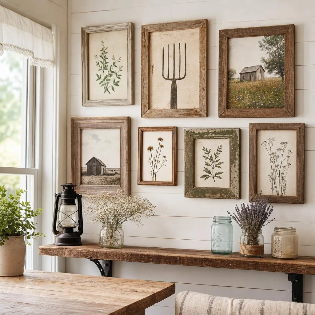 A cozy farmhouse wall with multiple rustic wooden frames displaying nature-inspired artwork above a wooden shelf holding mason jars and dried flowers.