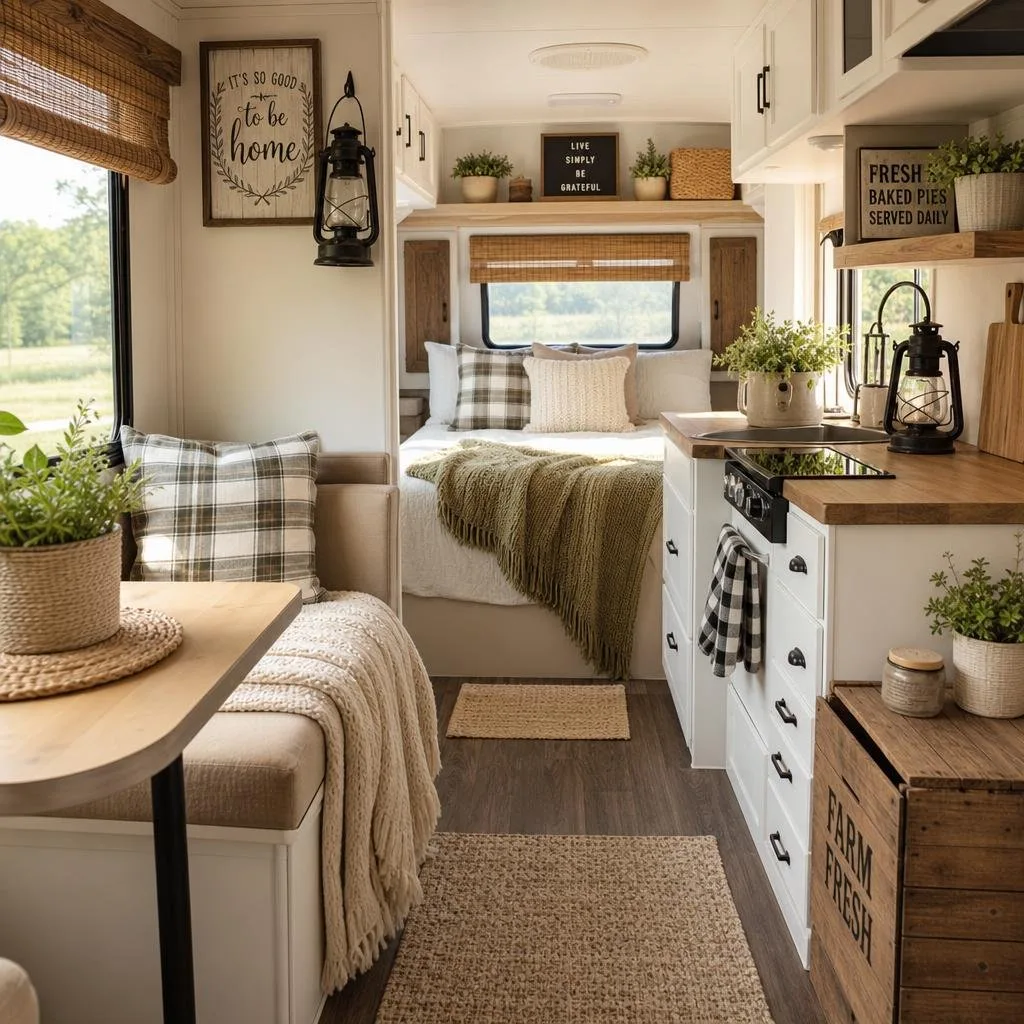 Cozy camper interior decorated with rustic wooden accents, soft cushions, plants, and lanterns.