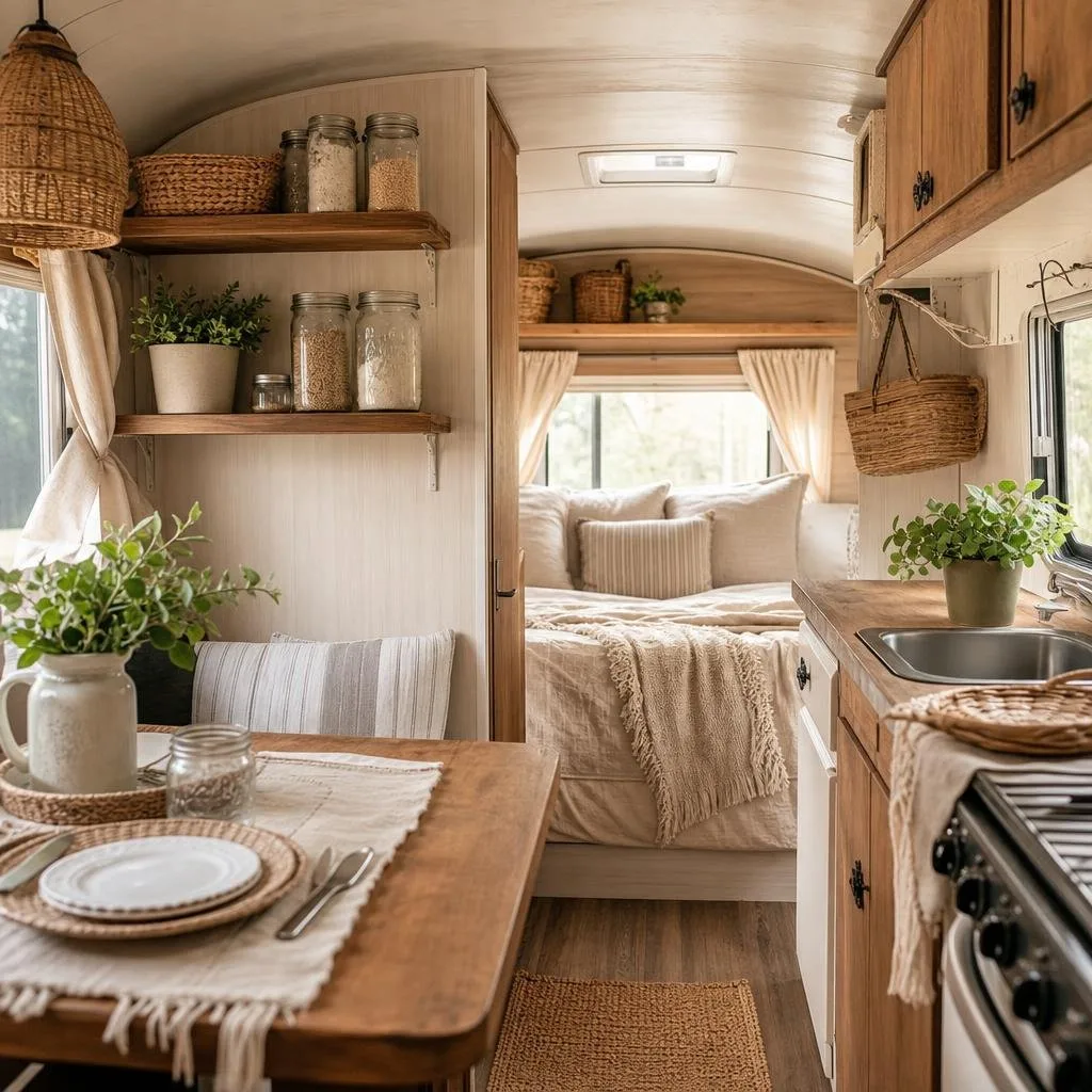 Interior of a cozy camper with rustic wooden decor, potted plants, and a small dining table set near a window with natural light.