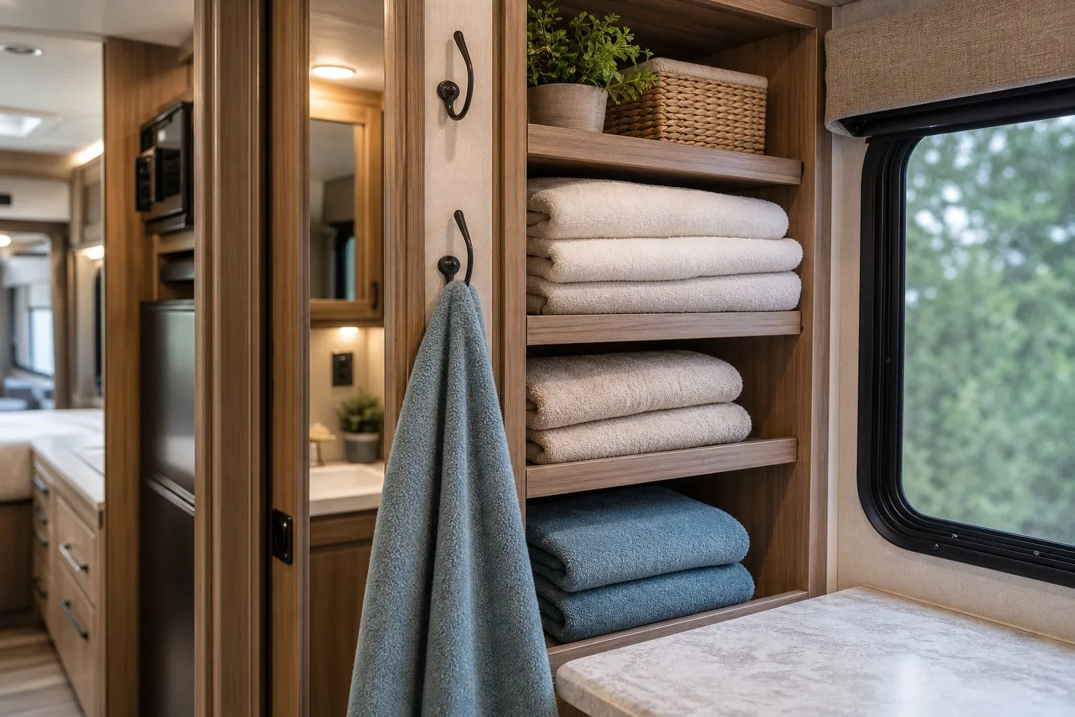 Neatly folded towels stored on wooden shelves inside a recreational vehicle.