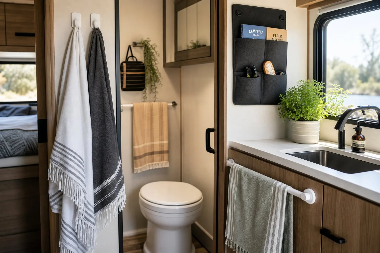 An organized RV interior showing towels neatly hung using no-drill storage solutions in a compact bathroom or kitchenette area.