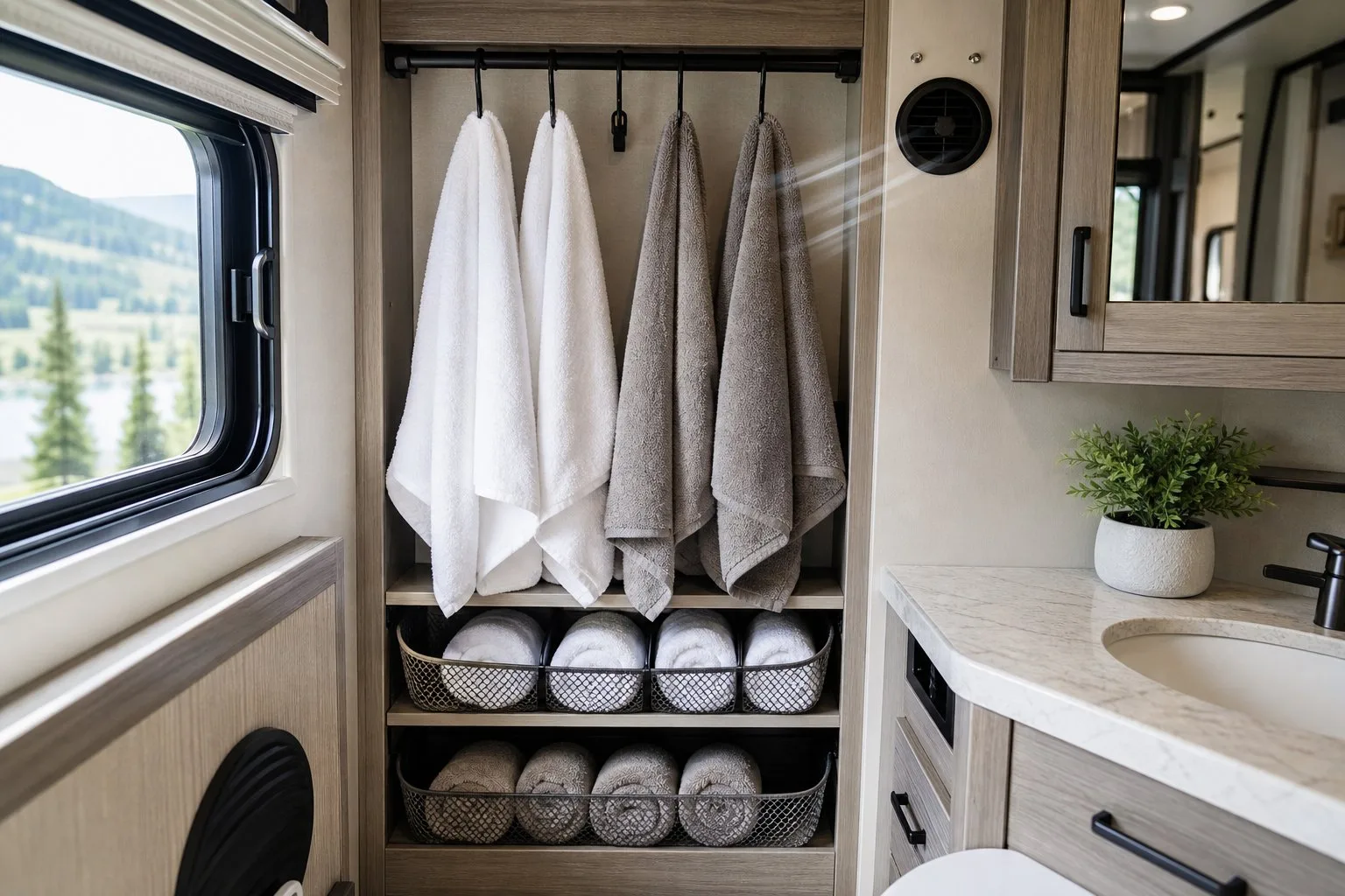 An organized RV interior showing towels stored in breathable baskets and hung to dry in a well-ventilated area.