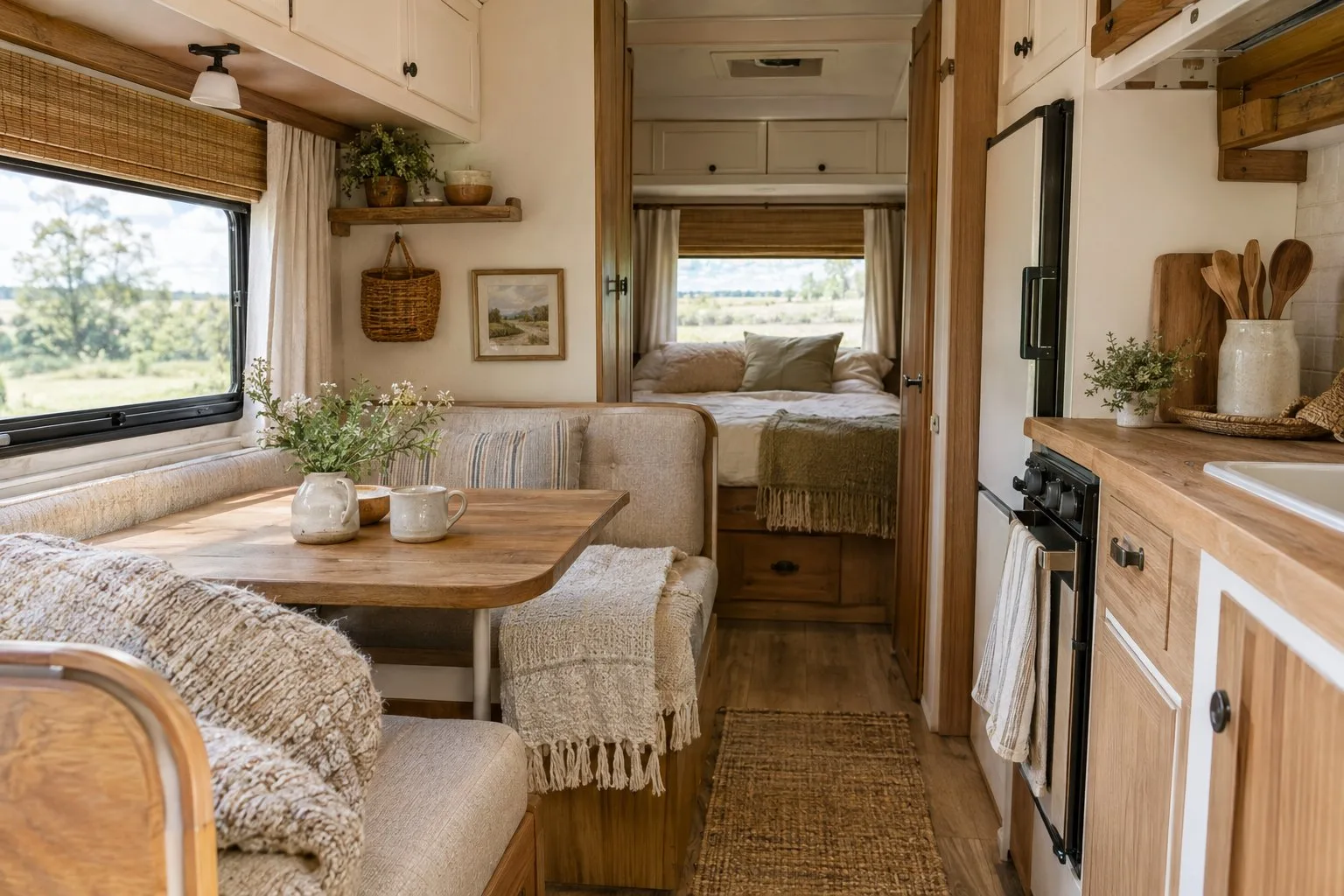 A small camper living area with a table, cushions, a throw, and greenery.