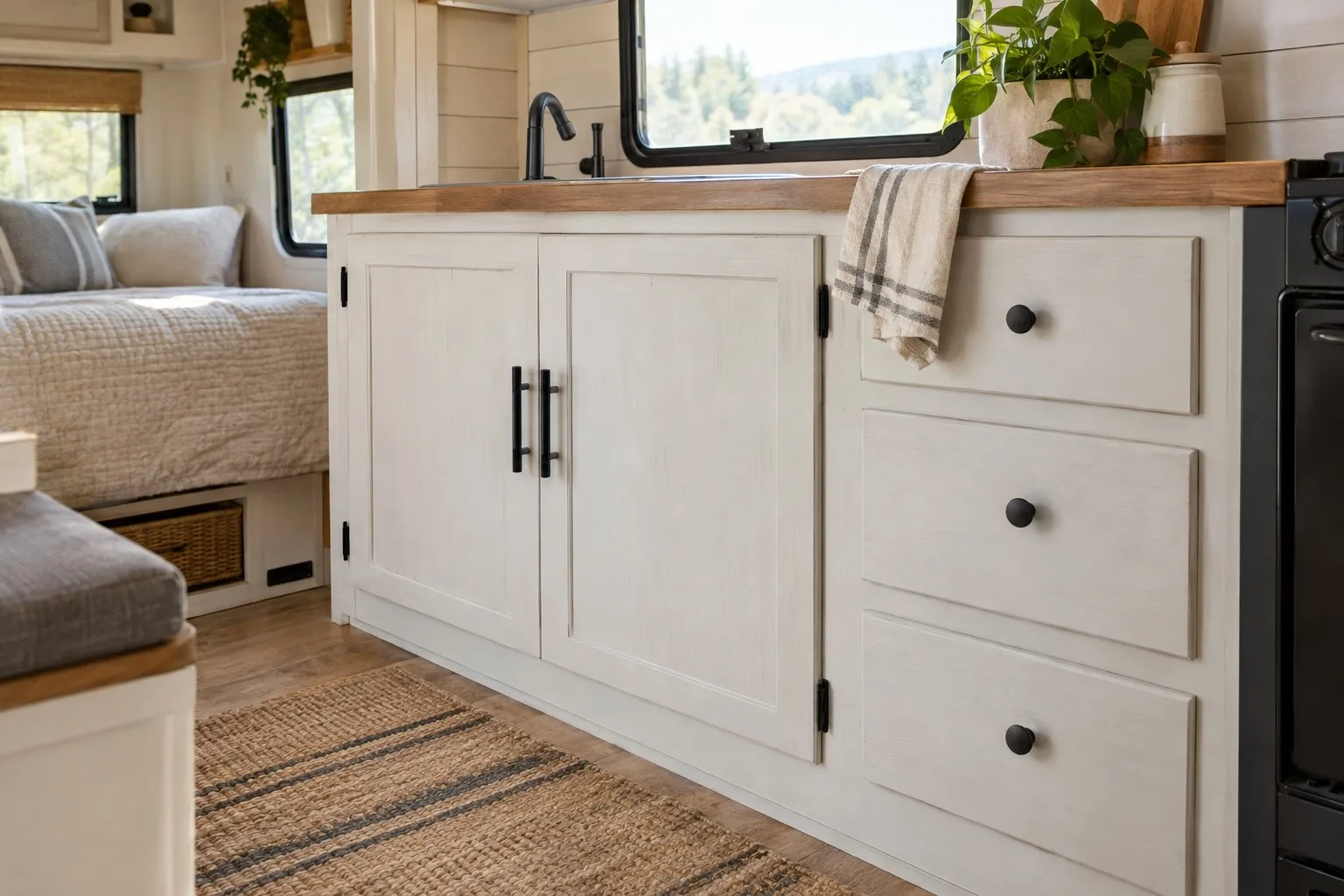 White cabinets in a camper kitchenette beside a wood countertop.