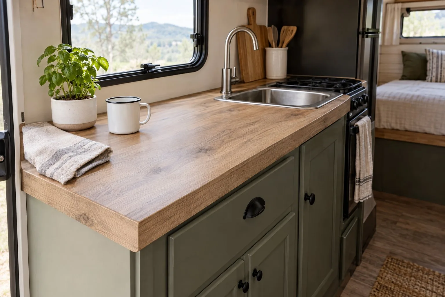A camper kitchenette with an oak-look countertop and a mug, herb plant, and folded towel.