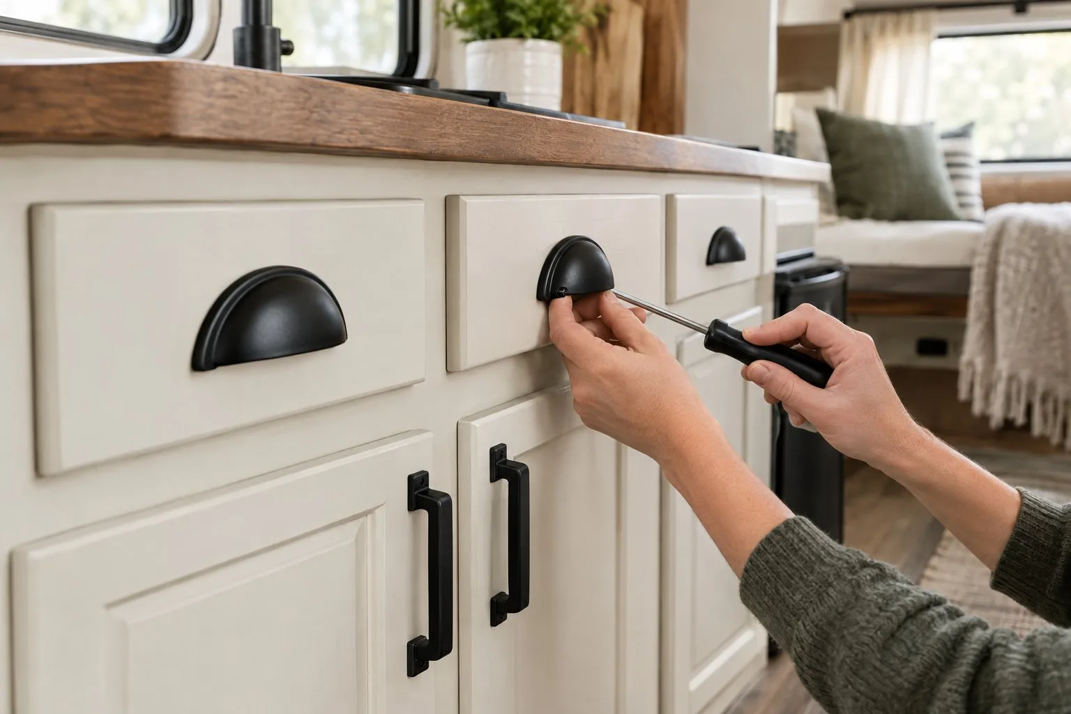 A hand installs a black handle on a cabinet drawer.