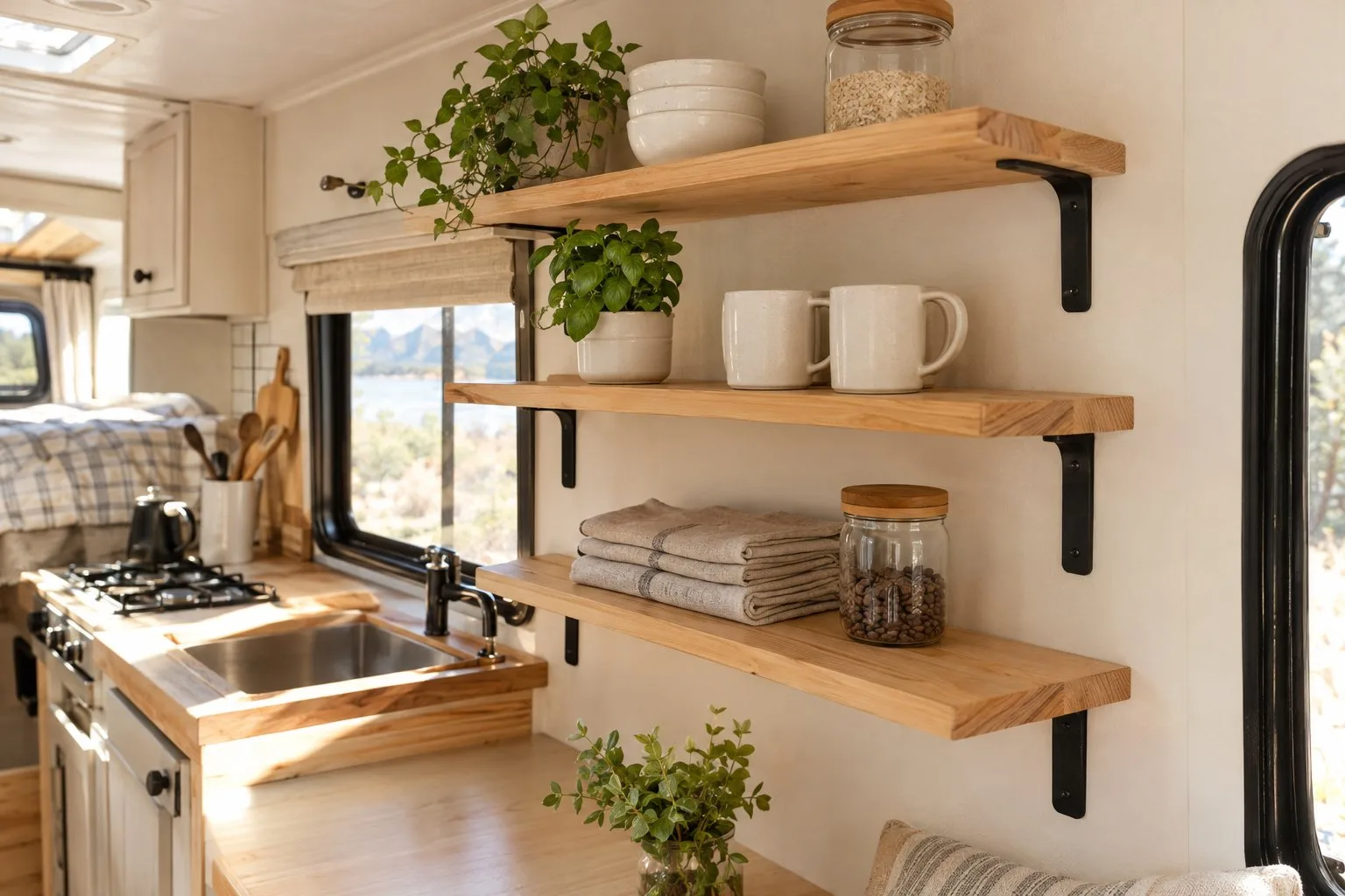 Pine shelves with black brackets hold mugs, a plant, folded linens, and a glass jar in a camper.