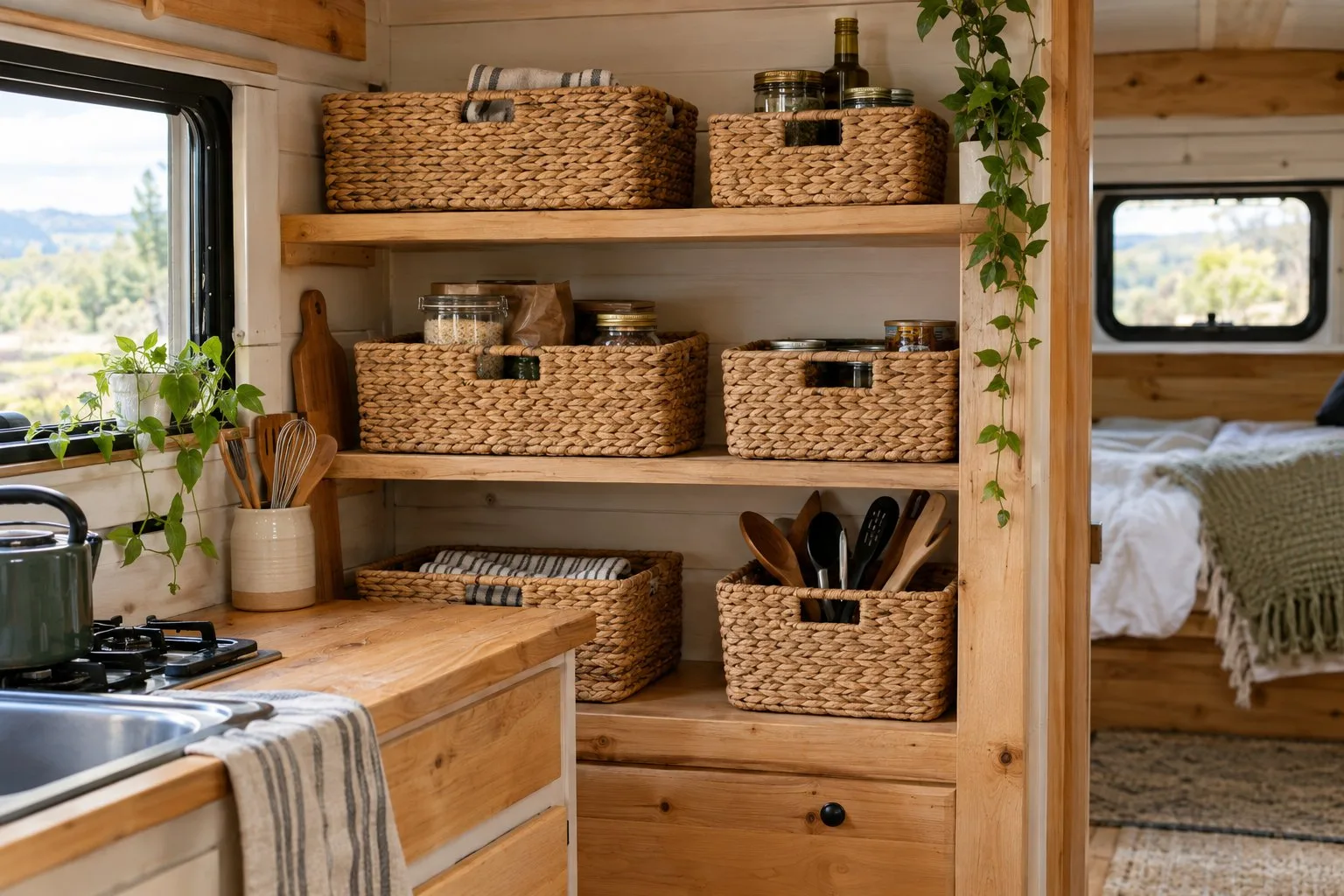 Woven baskets sit on open shelves in a camper kitchen.