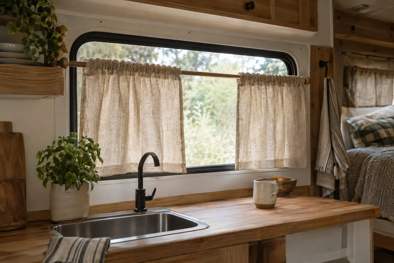 Natural-fiber half curtains hang over a window above a camper kitchen counter.