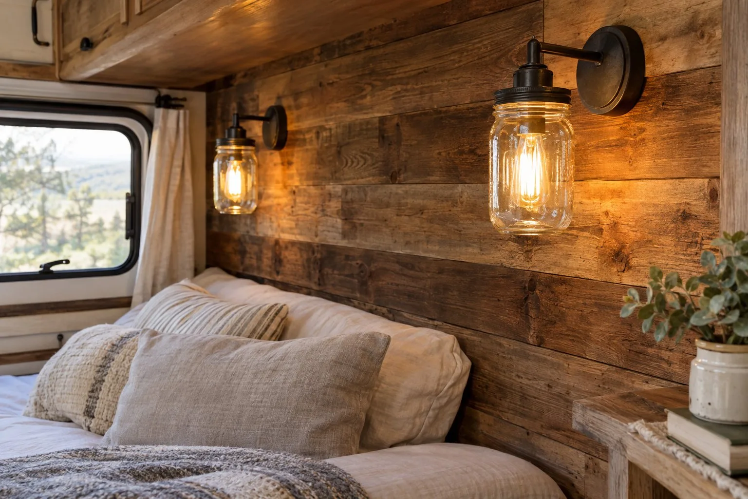Two glowing jar lights mounted on a wooden wall inside a camper.