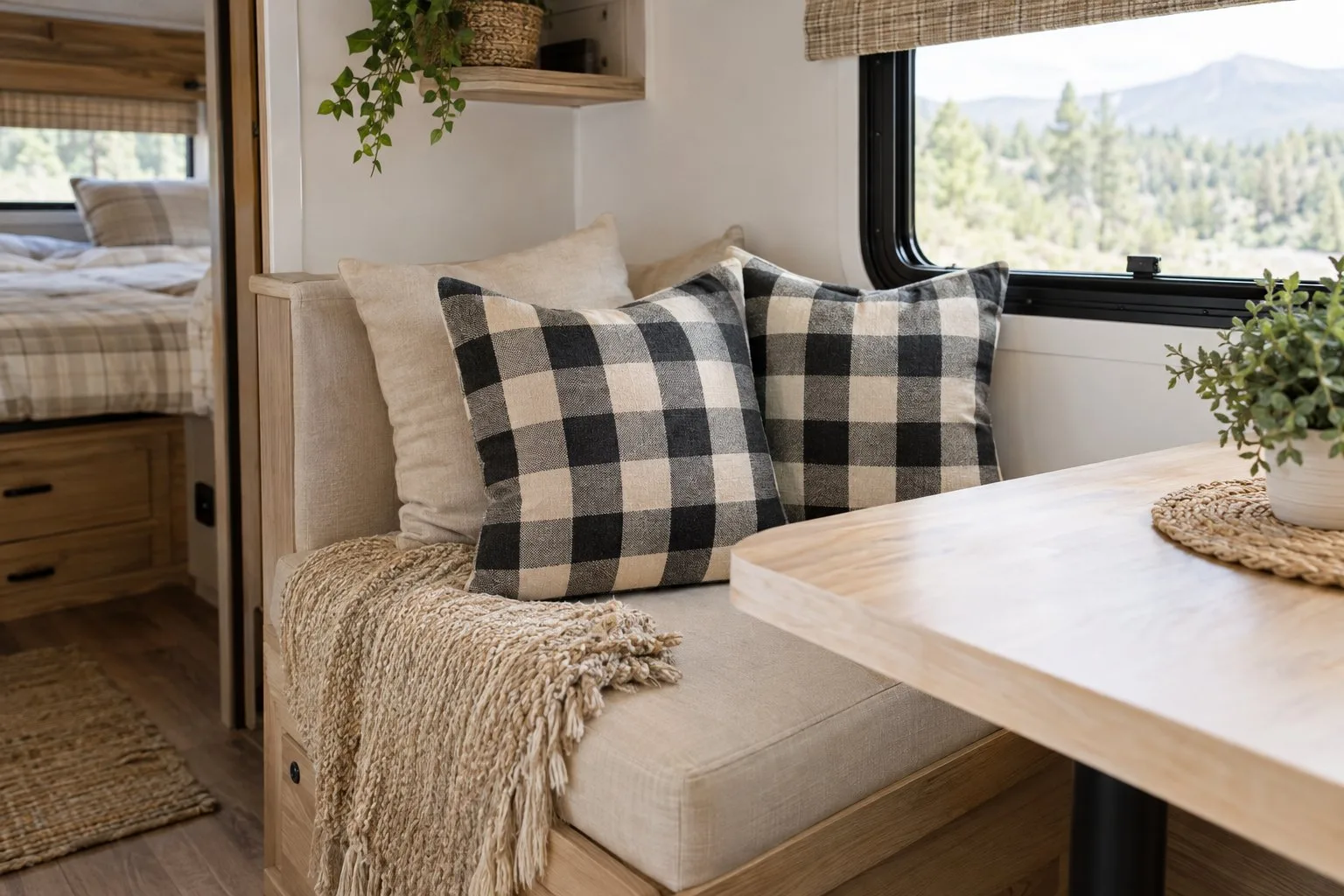 Black-and-cream checkered pillows rest on a cushioned bench inside a camper.