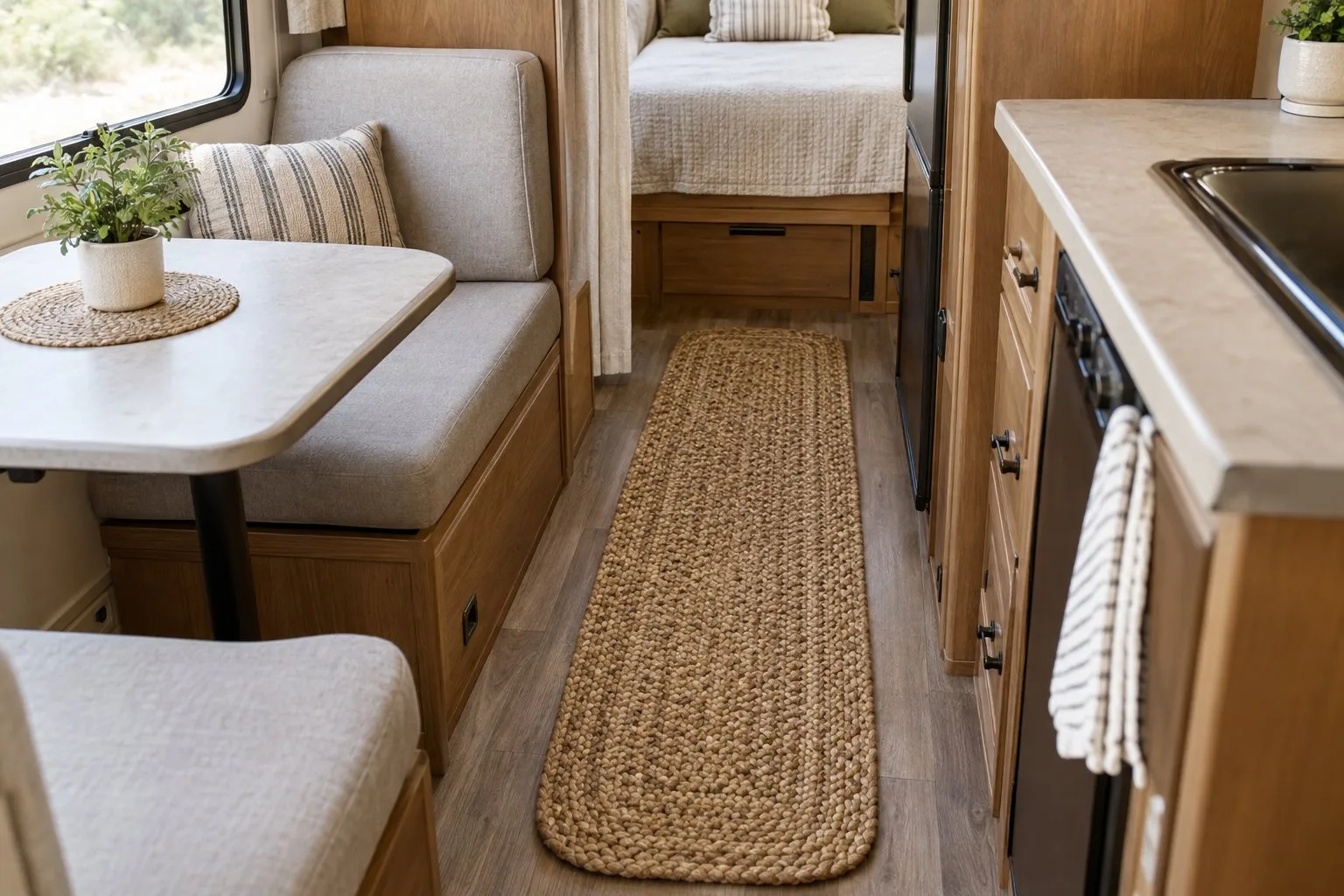 A braided rug runs along the aisle of a compact RV.