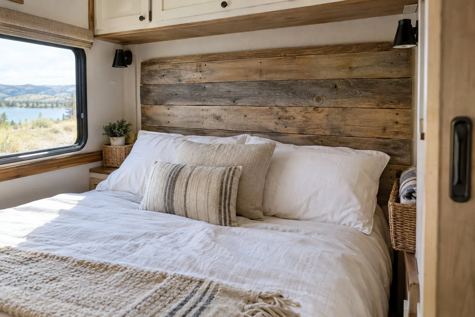 A bed with a reclaimed wood headboard inside a camper.