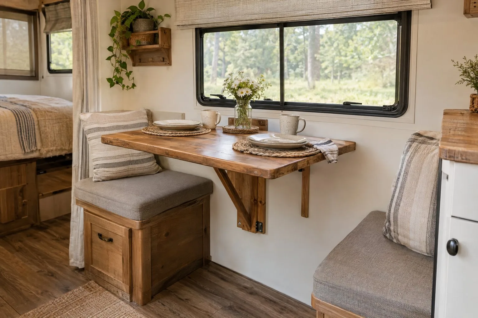 A fold-down wooden dining table inside a compact camper.