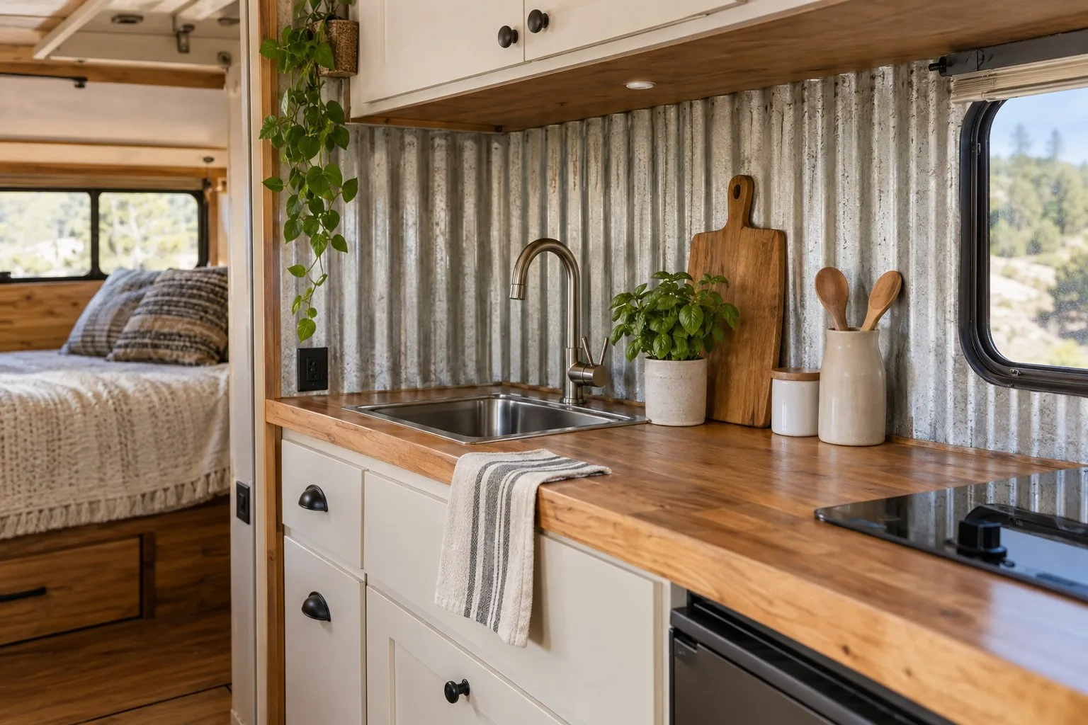A camper kitchenette with a metal backsplash, sink, and countertop.
